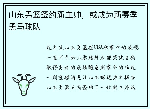 山东男篮签约新主帅，或成为新赛季黑马球队