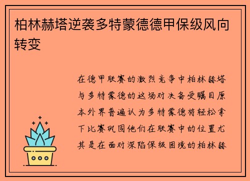柏林赫塔逆袭多特蒙德德甲保级风向转变