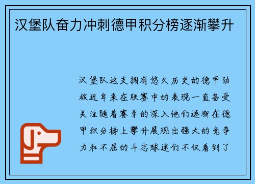 汉堡队奋力冲刺德甲积分榜逐渐攀升